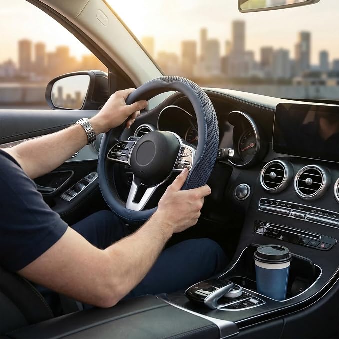 Car Steering Wheel Cover, Blue, Universal 15 inch | Microfiber Leather, Breathable Technology Fabric, Non-Slip, Comfortable, Warm in Winter and Cool in Summer