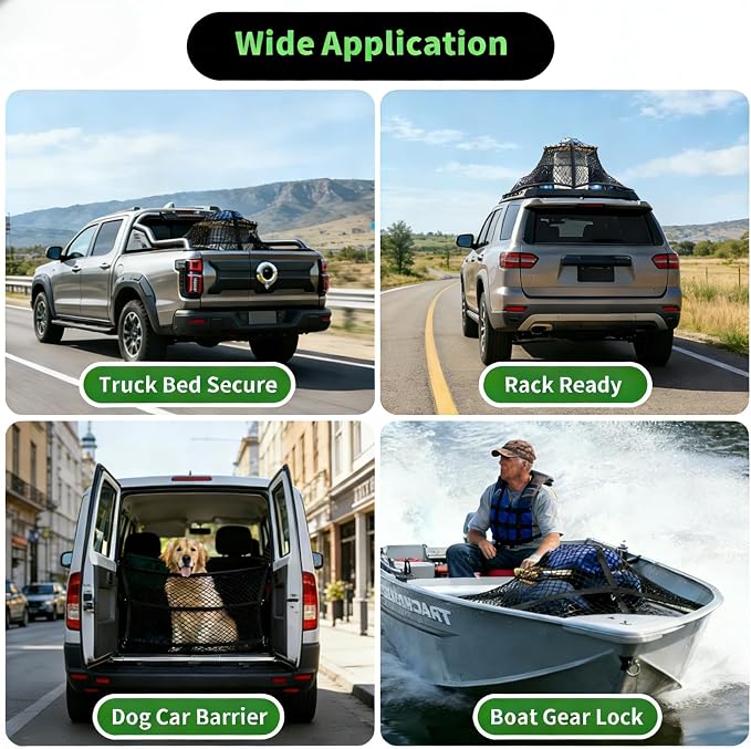 Cargo Net for Pickup Truck Bed, Double Layer, Highly Elastic | Stretchable 4"x4" to 7"x7", Truck Bed Net with 6 Metal Carabiners for Daily Light Loads of Trucks, Vans and SUVs