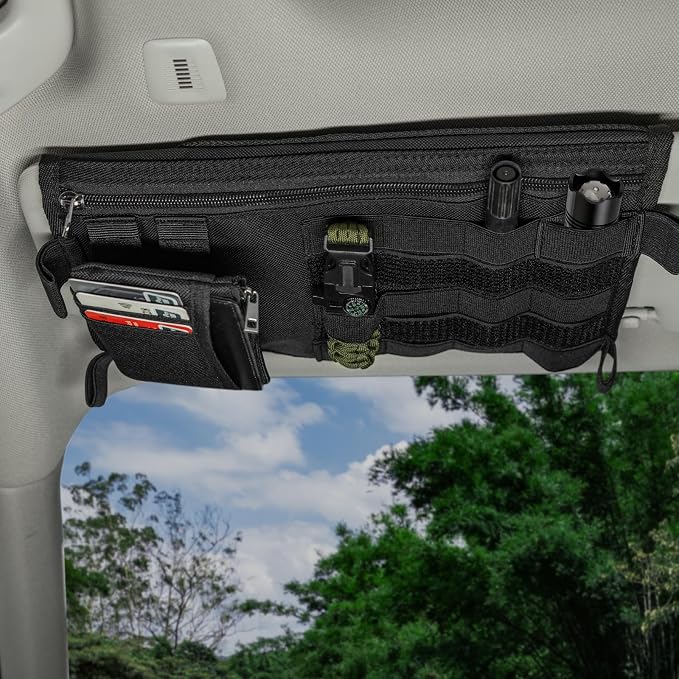 Car Sun Visor Organizer for Cars, Trucks, Vans | Double Sided Visor Organzier with Card Pouch, Multi-Functional Sunglass Holder, Tactical MOLLE Accessories