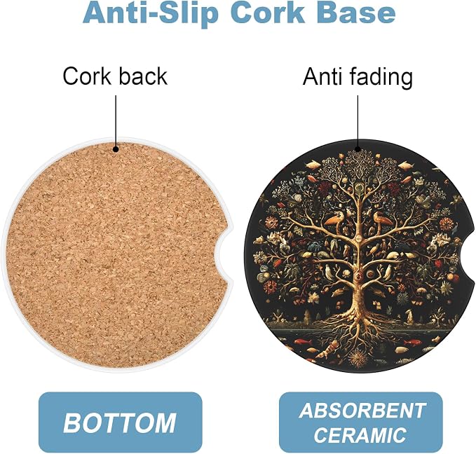 2 Pack Car Cup Holder Coaster, 2.63 inch Anti Slip Insert Absorbent Ceramic Car Coaster with Cork Base and Finger Notch, Cute Car Accessories Interior for Women, Cute Car Coasters.