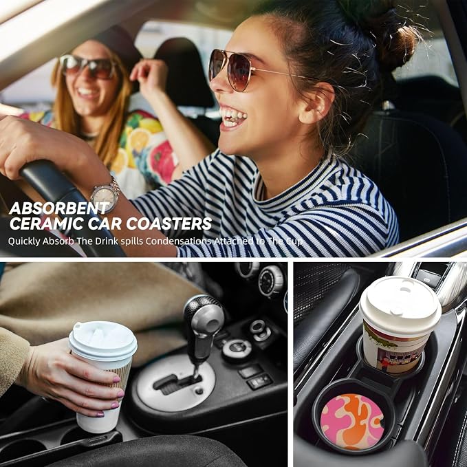 2 Pack Car Coasters for Cup Holders, 2.56" Universal Absorbent Ceramic Stone Car Cup Holder Coasters with Non-Slip Cork Base, Car Interior Accessories for Women Men(Pink Modern Abstract)