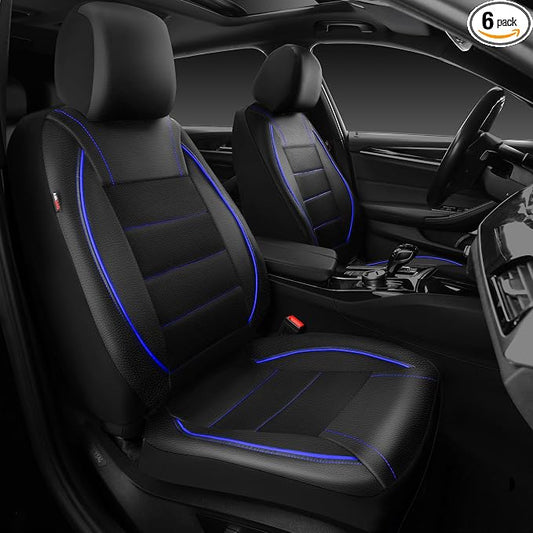 CAR PASS Universal FIT Piping Leather Two Front Seat Covers, Waterproof Faux Leather for SUV Sedan Van Truck, Airbag Compatible,Reserved Opening Holes for Headrest Covers. (Black and Blue)