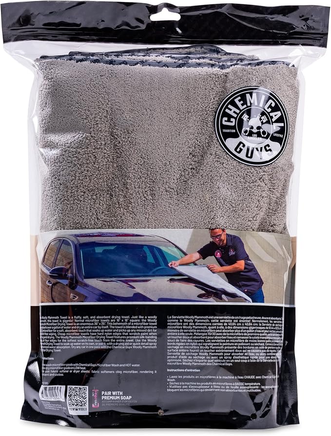 Chemical Guys, Woolly Mammoth Large Microfiber Drying Towel, 36 x 25 in | Ultra-plush oversized towel soaks up water fast to dry the whole vehicle, soft and scratch-free on paint