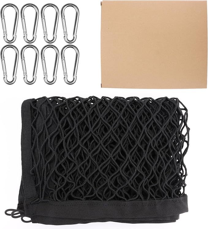 Double-Layer Truck Bed Organizer Net Elastic Cargo Mesh for Pickup Bed | Stretchable Mesh from 4x4 FT up to 7x7 FT | 8 Heavy-Duty Carabiners | 6 Rings Included | Anti-Slip | Easy Install