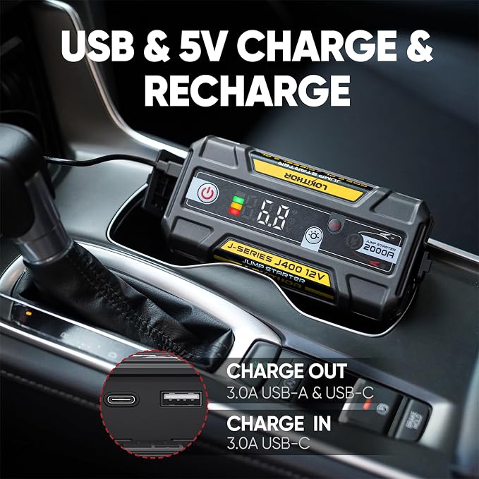 LOKITHOR J400 Jump Starter - 12V 2000A Lithium Battery Jump Pack, Portable Jump Box, Car Starter, Jumper Cables - for Up to 8.0L Gas & 6.0L Diesel Engines | ConnectMax Tech - Smart Digital Display