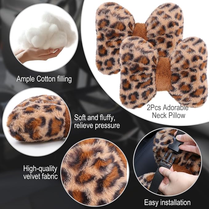 Macarrie 2 Pcs Rose Red Car Neck Pillow Imitation Rabbit Fur Bow Pillow | Soft Comfortable Seat Headrest Support, Cute Bow Car Accessories, Driving Travel Driver Chair Girl Interior Decor, Solid