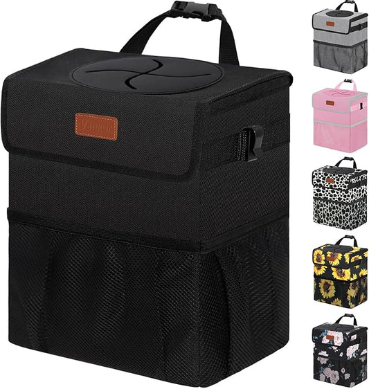 Vankor 3 Gallons Car Trash Can with Lid, Bag Bin Hanging Waterproof Automotive Car Garbage Cans Leak Proof Vehicle Trash Can Black