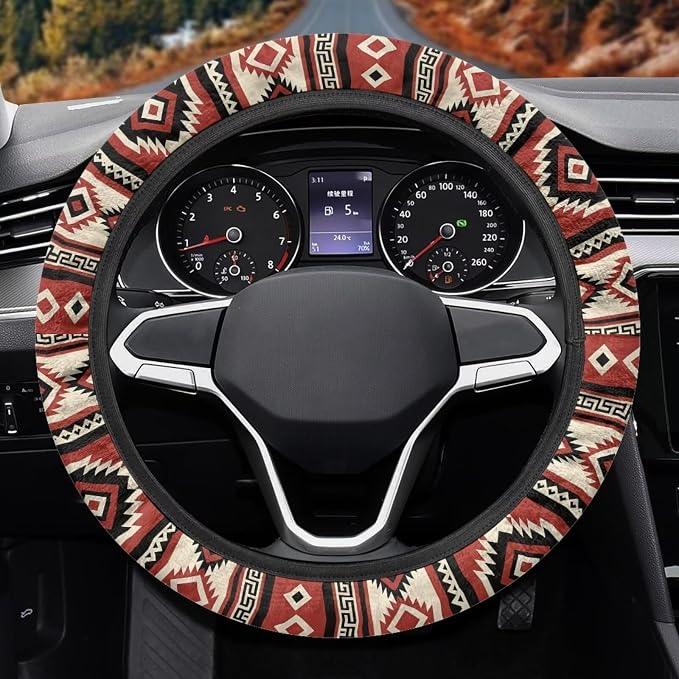 Wanyint Car Steering Wheel Cover Universal Fit SUV Truck Van, Anti-Skid Soft Stretchy All Weather Protection Auto Decor Accessories, Southwest Aztec Red Beige