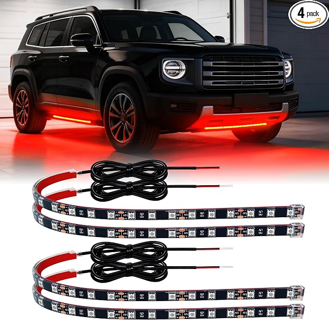Car LED Strip Lights IP68 Waterproof Cuttable 12inch Red 4 Pcs | 12V Footwell & Underbody Lights, 18pcs 5050 SMD, interior & exterior light, fits SUVs, trucks, motorcycles, boats, golf carts