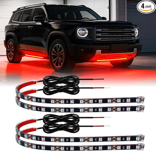 Car LED Strip Lights IP68 Waterproof Cuttable 12inch Red 4 Pcs | 12V Footwell & Underbody Lights, 18pcs 5050 SMD, interior & exterior light, fits SUVs, trucks, motorcycles, boats, golf carts