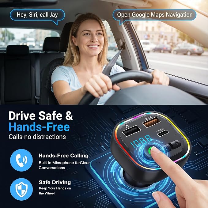 Wireless Car Adapter, USB-C Car Audio Transmitter with 40W Fast Charging, Bluetooth FM Transmitter for Cars, Supports Hands-Free Calls, MP3 Playback via USB/TF Card