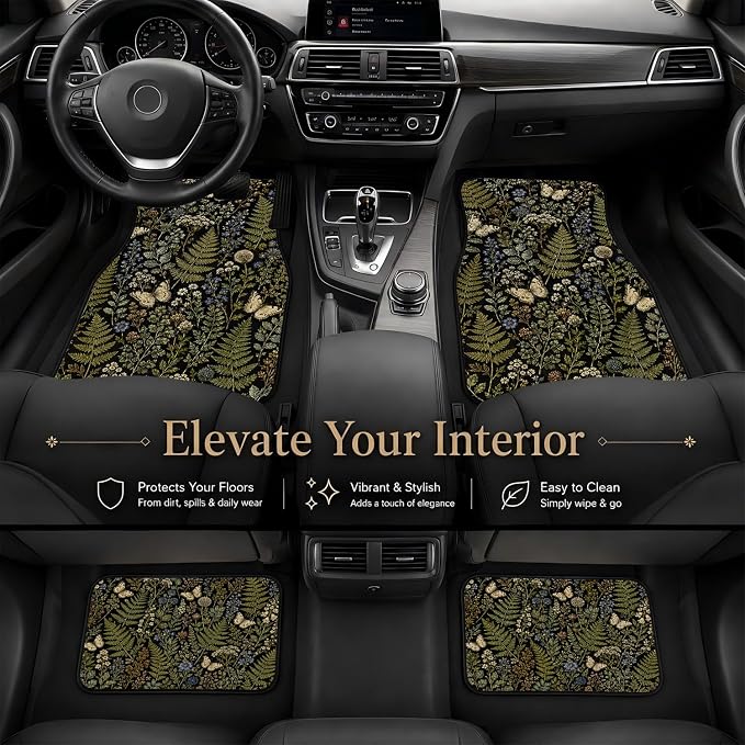 Butterfly Fern Car Floor Mats Set of 4 Dark Botanical Wildflower Car Accessories Foot Mats Rugs, Non-Slip,Decor for Universal Fit for Suvs Sedans Trucks Cars Auto Floor Carpets Rugs All-Weather