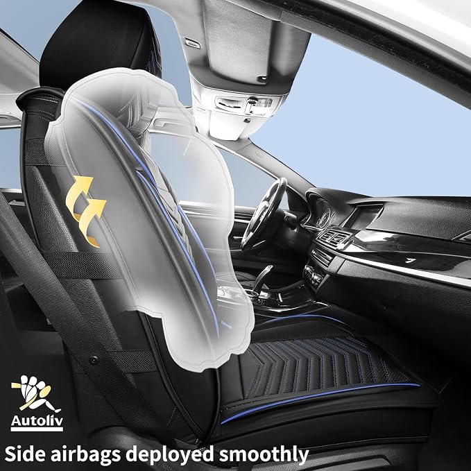 HChengkikz Car Seat Cover, Waterproof Faux Leather (Black + Blueline) | Easy Maintenance, Airbag Compatible, Universal Fit For Most SUVs Trucks Pick-ups Sedans