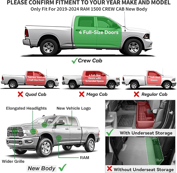 YITAMOTOR Floor Mats Compatible with 2019-2024 Dodge Ram 1500 Crew Cab New Body with Rear Under Seat Storage Box, TPE All-Weather Front 1st & 2nd Row, Black