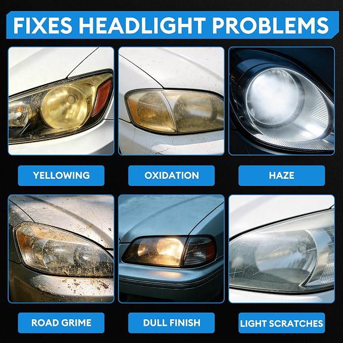 Headlight Restoration Kit, Complete DIY Car Headlight Cleaner, Restorer and Polish for Yellowing & Oxidation, Restores Like-New Clarity with UV Clear Coat and Accessories