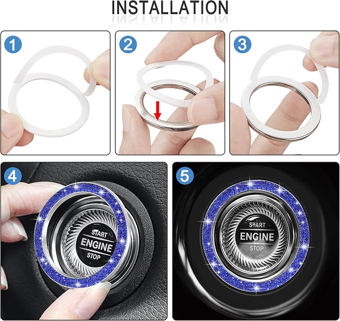WINKA 2pcs Bling Car Engine Start Button Cover Diamond Crystal Push Start Stop Button Ring Sparkly Bling Ignition Button Cover Rhinestone Keyless Ignition Ring Universal Car Accessories (Navy Blue)