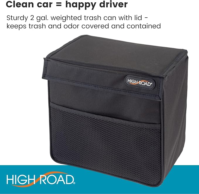 High Road TrashStand Weighted Car Trash Can with Lid and Removable Leakproof Liner - Universal Fit Behind Center Console in Back Seat - Holds 2 Gallons of Car Garbage | High Road's Behind Console Car Garbage Can With Bottom Weight, Floor Grips and Remo...