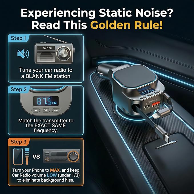 Bluetooth 5.3 Car Adapter, 96W FM Transmitter, 4-in-1 Retractable Charger | 96W Fast Charging | Bluetooth 5.3 Auto-Reconnect | 2 Retractable Cables (USB-C+Lightning) | 2 USB Ports | AUX+FM