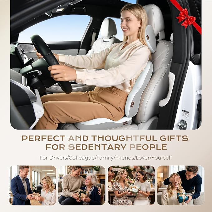 Coverado Car Seat Cushion Back Support Pillow Neck Headrest Pillow, Ergonomic Memory Foam Sciatica & Back & Tailbone Pain Relief Cushion for Office Chair Seat Cushion for Chair Gray&Light Gray