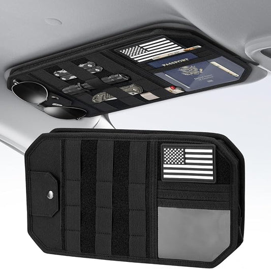Dadanism Car Sun Visor Organizer, Molle Car Storage Organizer with Zipper Pouch, Glasses Clip, Adjustable Strap, Semi-Rigid Molle Panel Universal Fit for Most Cars, SUVs, Trucks, Jeeps, Black