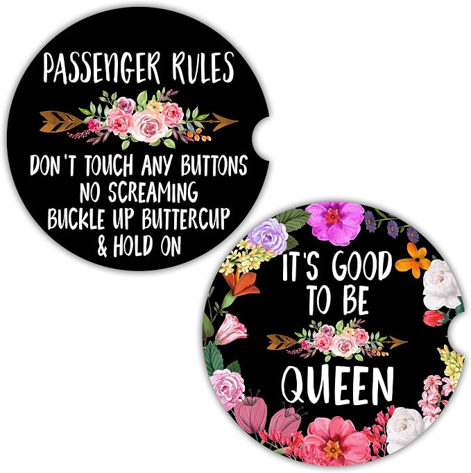 Funny Car Coasters for Cup Holders - 2 Pack Cute Flower Car Accessories for Women, Funny Sayings Floral Stuff Decor, Absorbent Ceramic Cup Holder Coaster for Car to Keep Clean, Gag White Elephant Gift