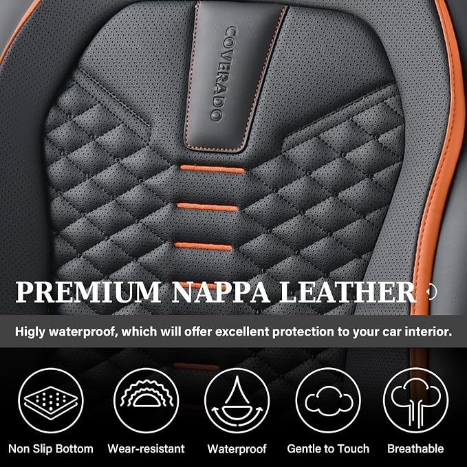 Coverado Leather Seat Covers, Car Seat Covers Full Set, Nappa Leather Seat Covers for Cars, Car Seat Protectors Waterproof, 5 Seats Black&Orange Automotive Seat Covers Fit for Most Cars Trucks