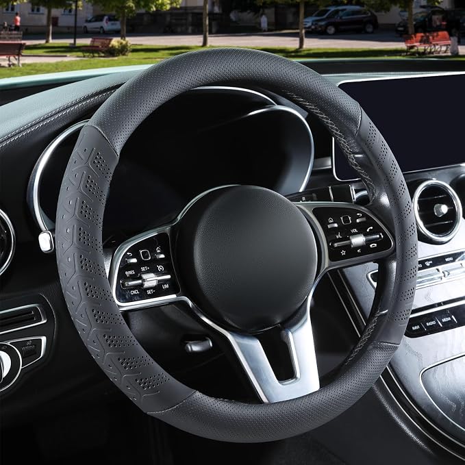 3D Slim Soft 16 inch Leather Steering Wheel Cover Black | Breathable Anti-Slip Premium Skin-Feel Perforated Thin Nappa Leather, Large 15.5 inch to 16 inch