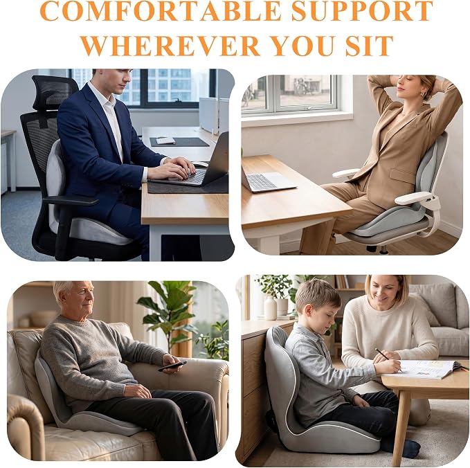 Ergonomic Seat Cushion with Back Support, L-Shaped Memory Foam Seat Cushion with Coccyx Cutout and Non-Slip Base for Office Chair, Car, Truck and Gaming Chair, Black/Gray