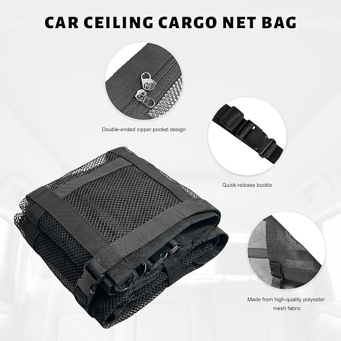 Car Ceiling Cargo Net Pocket, 35.4×25.2 Inch Double-Layer Car Roof Mesh Storage Organizer, Strengthen Load Bearing Overhead Cargo Storage Net for 4-Handle Vehicles