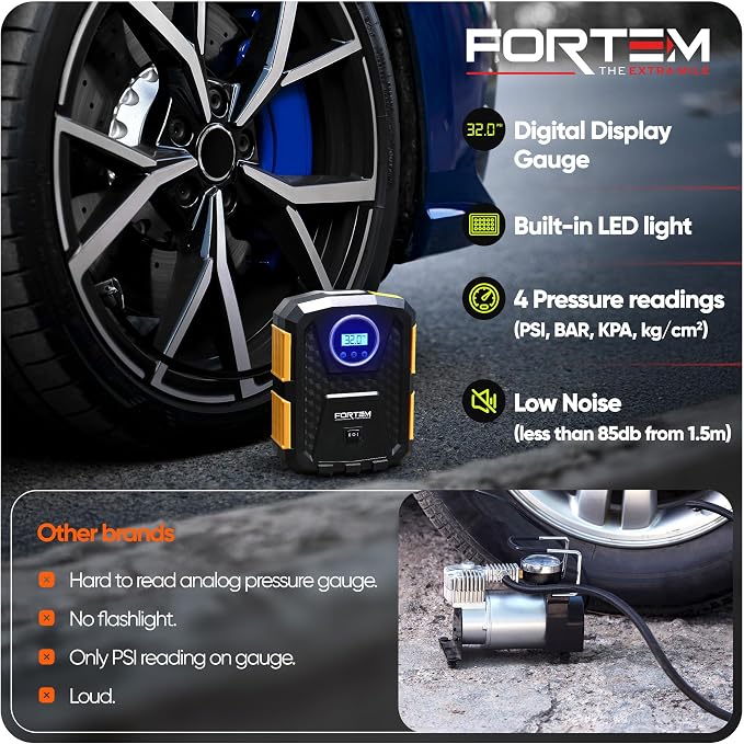 FORTEM Tire Inflator Portable Air Compressor, Air Pump for Car Tires and Bikes, Car Tire Pump w/Auto Shut Off, 150 PSI, 12V DC, LED Light, Carrying Case, Perfect For Men, Women