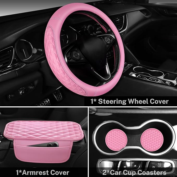CAR PASS 3D Rhombus Leather Steering Wheel Cover Car Accessories Set, Comfortable Center Console Armrest Cushion with Storage Bags 2 Non-Slip Cup Coasters, 14.5-15in Cute Car Interior Sets, 4 PCS Pink