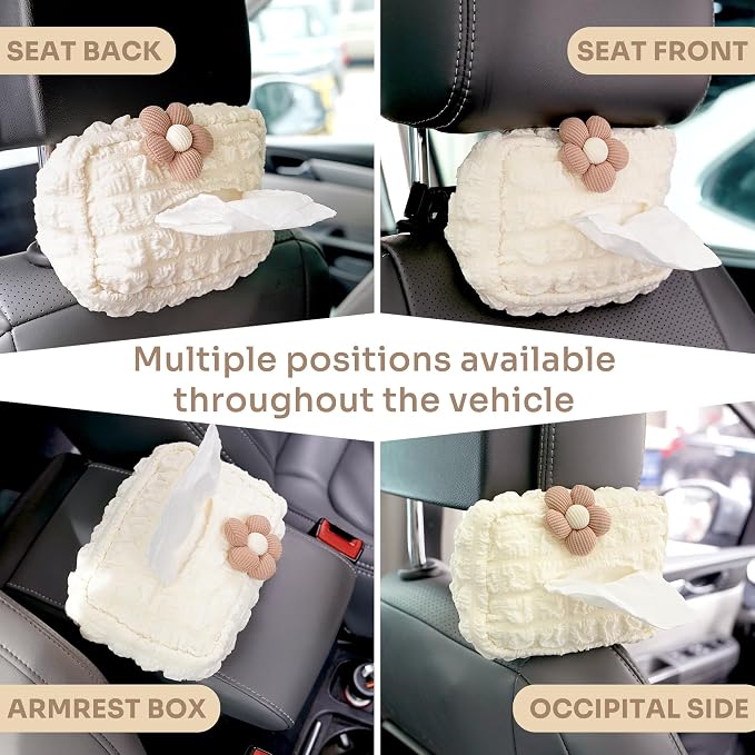 Lace Car Tissue Holder, Cute Flower Napkin Dispenser for Visor & Backseat, Hanging Soft Paper Storage Bag, Aesthetic Car Interior Accessories for Women (Cream White)