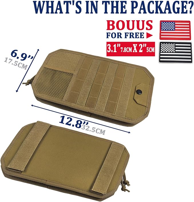 Car Sun Visor Organizer with 2 USA Flag Patches, 1000D Heavy Duty Polyester, Large Capacity MOLLE Panel, Zipper Storage, Fits Cars, SUVs, Trucks, Duty Gear & Overlanding (Khaki)