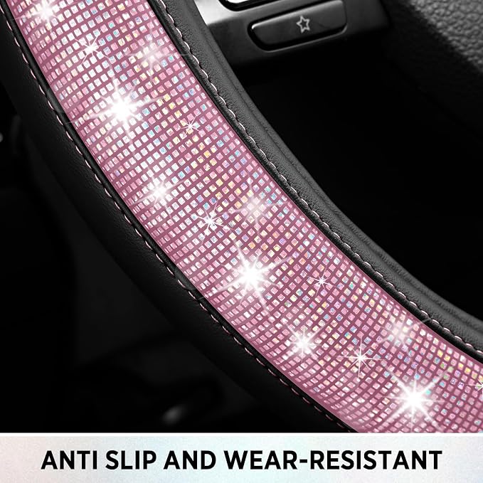 Road Comforts Pixel Glitter Steering Wheel Cover, 14.5–15 Inch Leather Steering Wheels Snug Fit, Anti-Slip Leather Grip, Elegant Sparkle Design, Universal Fit - Light Pink