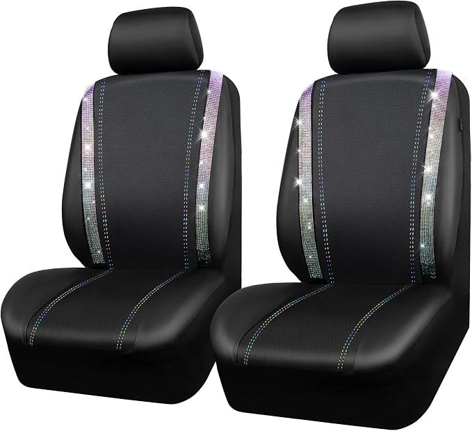 CAR PASS Leather Bling Diamond Car Seat Covers 2 Front Interior Sets, Waterproof Universal Shining Glitter Crystal Sparkle Fit for 95% Auto Truck SUV Cute Women Girl, Black Multicolor Rhinestone