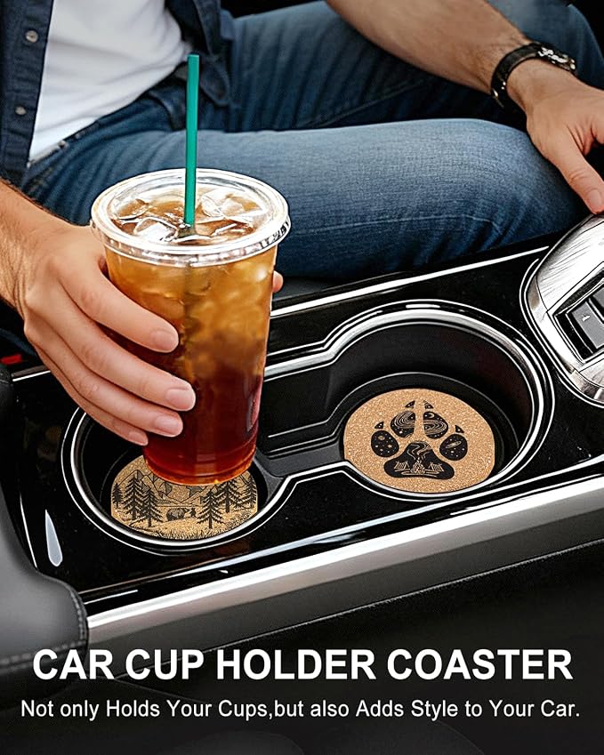 Swooflia Car Coasters for Men - Camping Cork Car Cupholder Coaster Cool Absorbent Mat Coaster with Cork Base 2 Pack Automotive Cup Holder Accessories New Driver Gifts