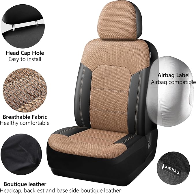 HChengkikz Front Car Seat Covers, Air Mesh, Breathable (Black + Beige) | Airbag Compatible, Automotive Comfort Protection, Universal Fit for Most Cars,Trucks,SUVs