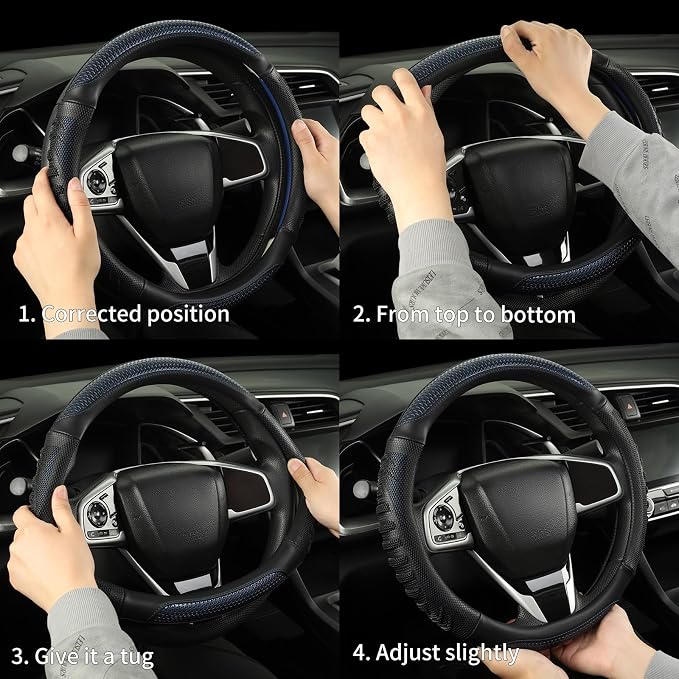 Anti-Slip Silicone Steering Wheel Cover Great Grip with 3D Honeycomb | Heavy-duty Microfiber Leather Sporty Design, Universal 14.5 inch - 15 inch, Black with Blue