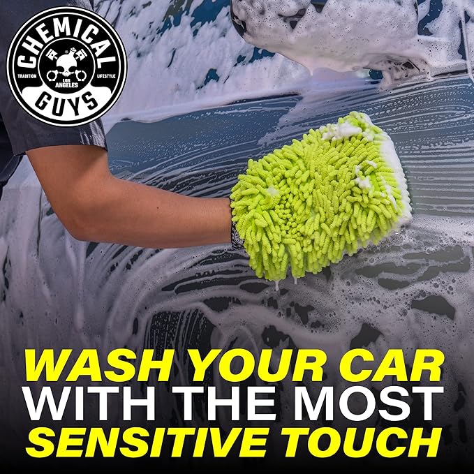 Chemical Guys, Chenille Microfiber Wash Mitt for Cars, Scratch-Free, 2 Pack | Ultra-soft lime green chenille holds thick suds and traps grit, gentle on paint, glass and chrome, machine washable