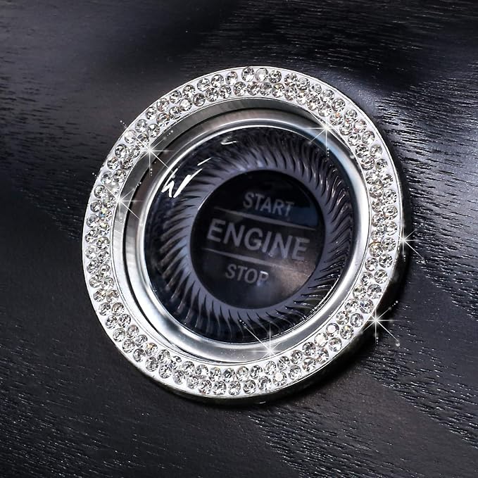 ToBeQueen Car Bling Ring Crystal Car Stickers Rings Womens Car Decals,2Pcs Push Start Button Bling Ignition Ring Sticker,Bling Car Interior Accessory for Women,Silver