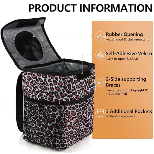 Big Ant Leopard Car Trash Can with Lid & Coasters | 2 Gallon Leak-Proof Hanging Garbage Bin for Back Seat | Waterproof Storage Organizer & Cooler Bag for Road Trips, SUVs & Family Travel
