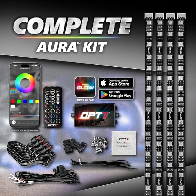 OPT7 Aura Pro RGB Wheel Well Lights for Cars with APP & Remote Control | Music Sync Lighting, 4PCS 24" Waterproof LED Strips, Multicolor Wheel Ring Accent Lights, Car Meet Accessories, 12V