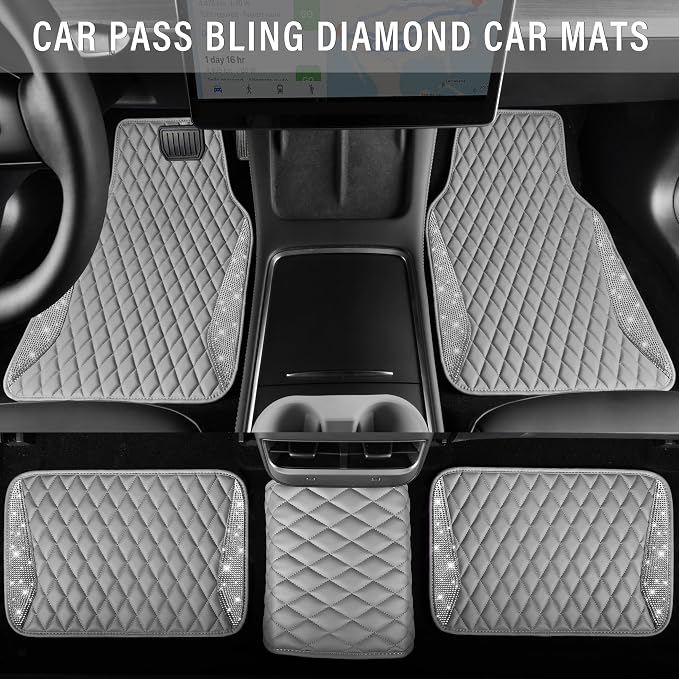 CAR PASS Bling Diamond Car Mats Gray Leather Floor Mats Sparkly Glitter Crystal Shining Rhinestone Carpet Anti-Slip Waterproof Pad Universal Fit for Automotive SUV Sedan Van 5pcs for Girl Women Gray