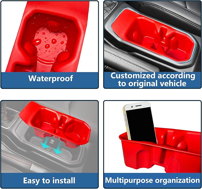 Cup holder for 2018-2025 2026 Jeep Wrangler JL JLU 4XE/Gladiator JT Accessories Cup Holder Insert Coaster TPE Non-Slip Center Console Drink Holder Organizer Cupholder Liner Pad Interior Decoration Red