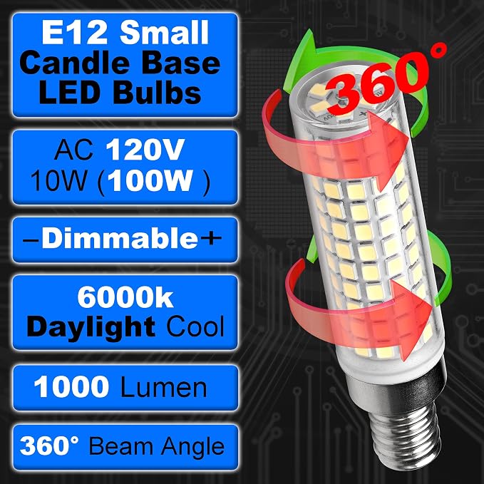 Dimmable E12 C7 LED Candelabra Bulb 10W 6000K Daylight White 1000lm, 3 Pack | Equivalent 100W, AC120V, 360° Beam Angle, T6 Candle Base for Home Decorative Ceiling Fan Chandelier Pendant Salt Lamp
