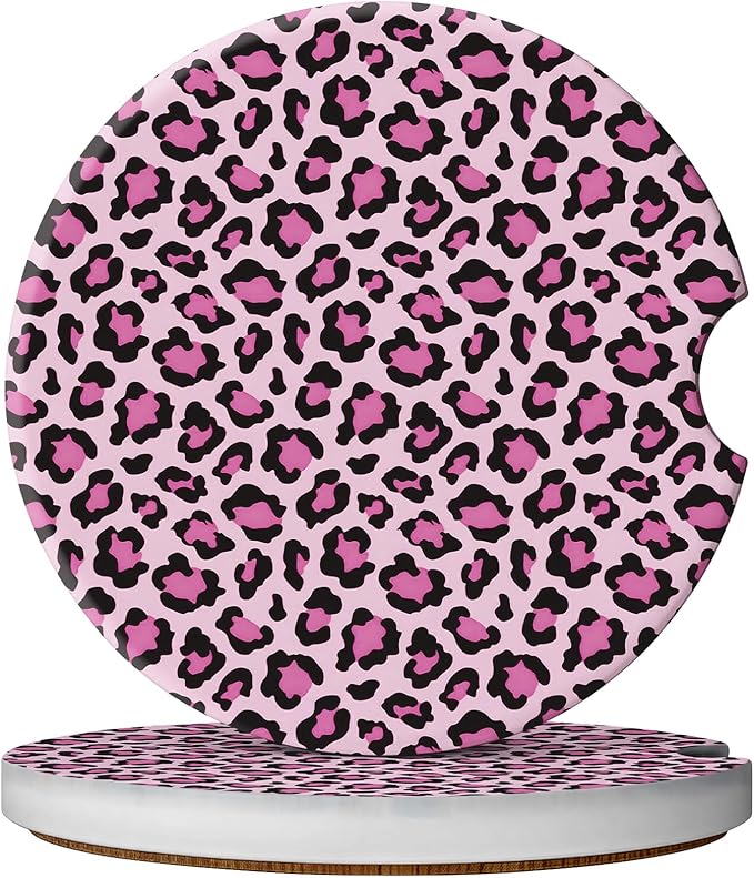 2 Pack Car Coasters for Cup Holders, Absorbent Ceramic Cup Coaster with Cork Base and Finger Notch, Cute Car Accessories Interior for Women Men (Leopard-Pink)