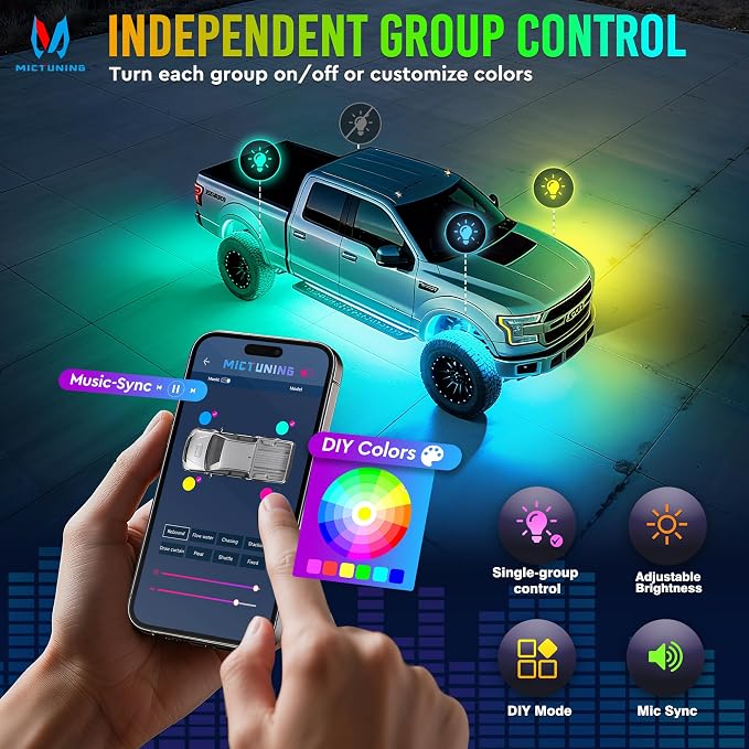 MICTUNING Q2+ MAX RGB+IC Rock Lights - 12 Pods Multi-Color DIY Effect Underglow Neon Kit, Individual Group Control, APP Music Sync, IP68 Waterproof