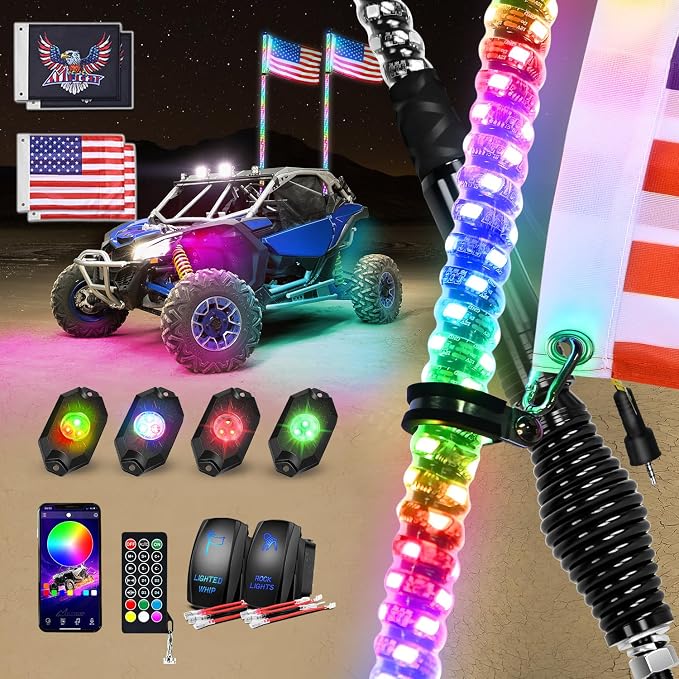 Nilight 2PCS 4FT RGB LED Whip Light with Spring Base and 4 PCS Rock Lights Combo, Remote App Control w/DIY Chasing Patterns Turn Signal Brake Reverse Antenna Lighted Whips for ATV UTV Polaris RZR Jeep