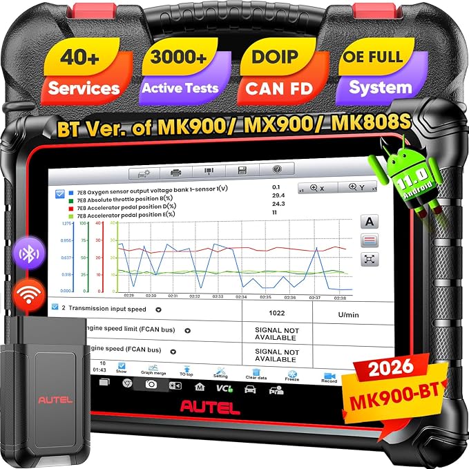 Autel Scanner MaxiCOM MK900BT: 2026 8in MK900-BT V2.0 Bidirectional Scan Tool, 33ft BT Ver. of MK900 MX900 MK808S MK808BT PRO MX808S MK808Z, 40+ Service, 3K+ Active Tests, DOIP CANFD, All System, FCA