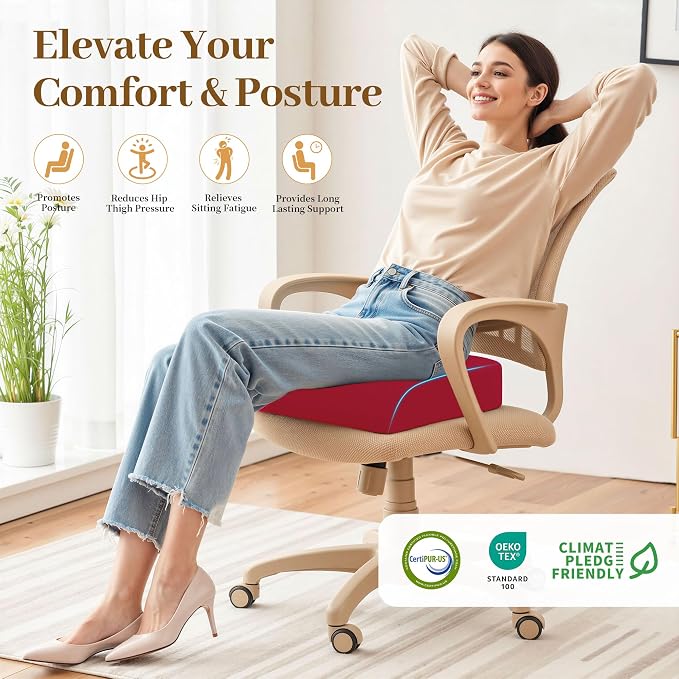 TranquilRelax XLarge Seat Cushion, Memory Foam Cushion for Long Sitting Hours on Office Chair, Home & Car, Non-Slip Chair Pad for Relieving Back & Sciatica & Hip & Coccyx Pain (Red)